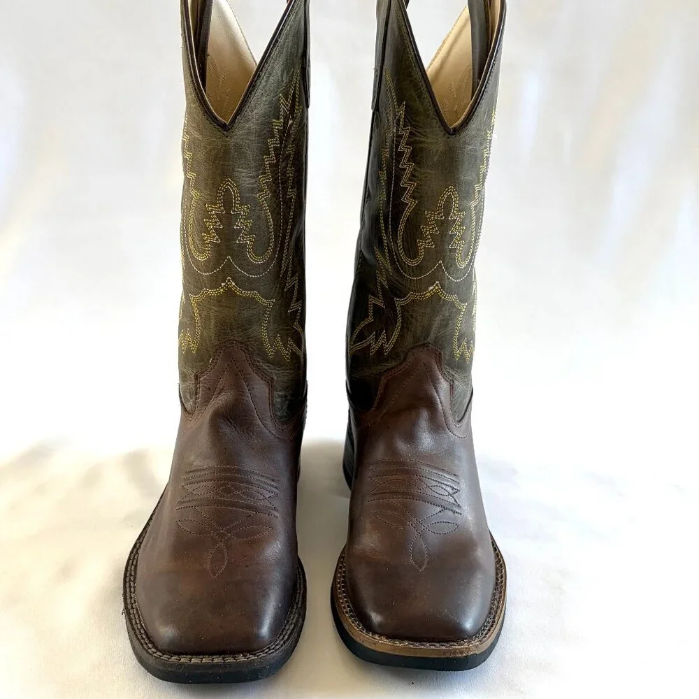 Old West boots Women 6 Boys 4.5 brown olive green leather